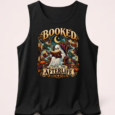 Vintage illustration of a ghost reading books with the phrase Booked Until The Afterlife — printed on a tank top