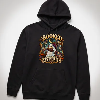 Vintage illustration of a ghost reading books with the phrase Booked Until The Afterlife — printed on a unisex hoodie
