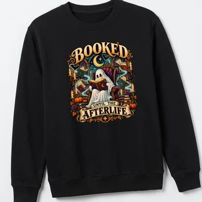 Vintage illustration of a ghost reading books with the phrase Booked Until The Afterlife — printed on a unisex sweatshirt