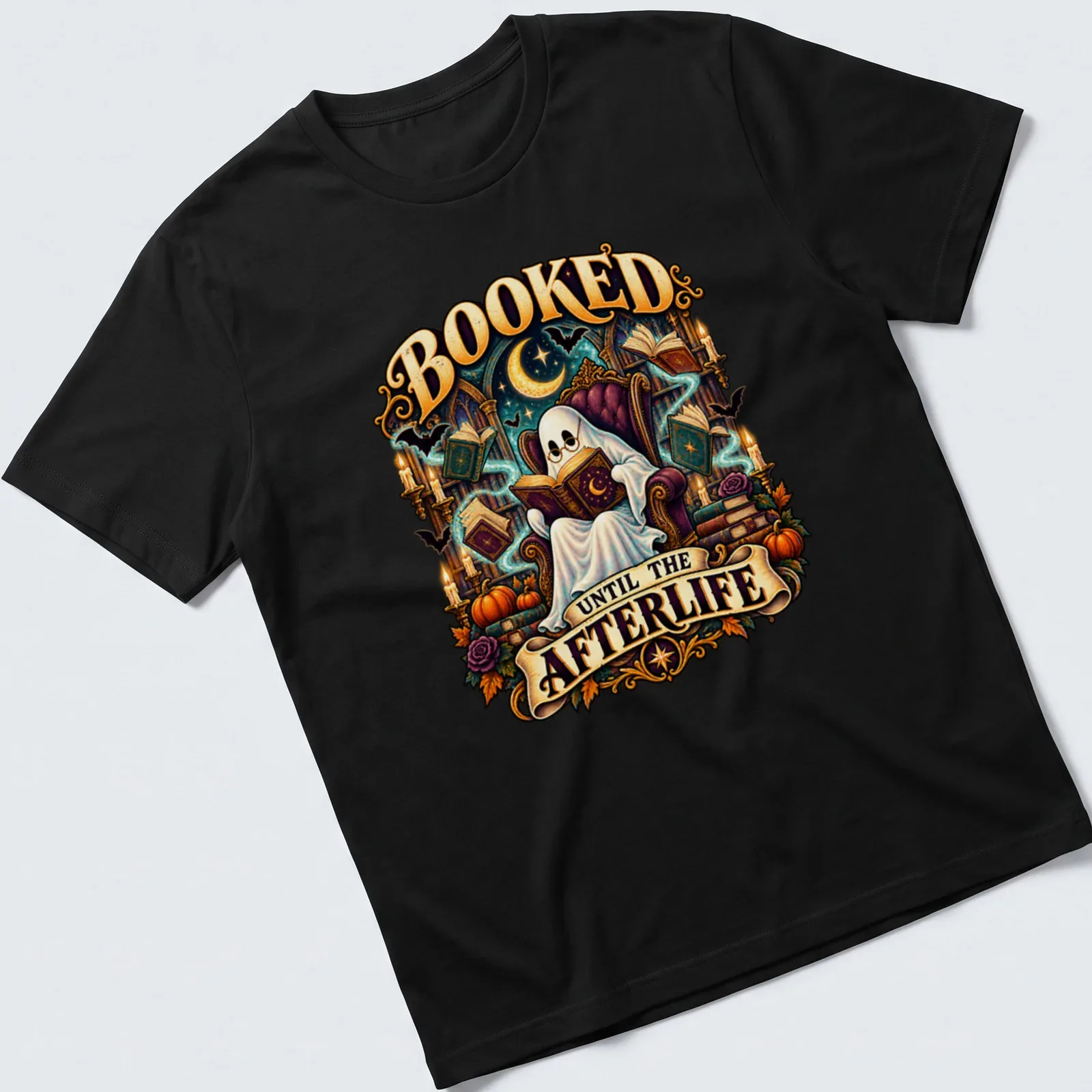 Vintage illustration of a ghost reading books with the phrase Booked Until The Afterlife — printed on a unisex t-shirt
