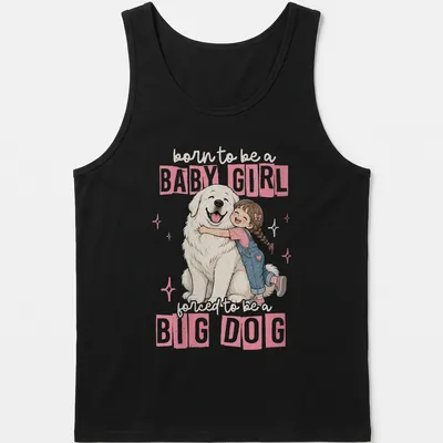 Cute cartoon of a girl hugging a big white dog with playful text — printed on a tank top