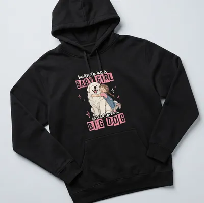 Cute cartoon of a girl hugging a big white dog with playful text — printed on a unisex hoodie