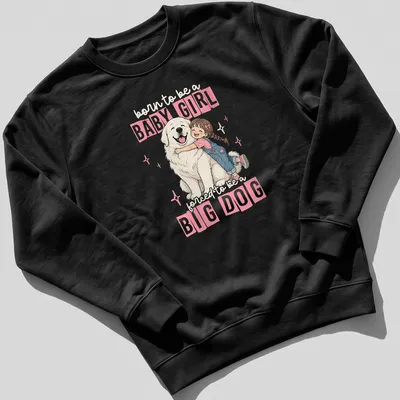 Cute cartoon of a girl hugging a big white dog with playful text — printed on a unisex sweatshirt