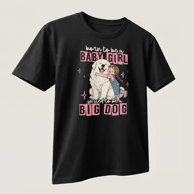 Cute cartoon of a girl hugging a big white dog with playful text — printed on a unisex t-shirt (angled view)