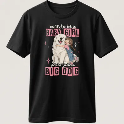 Cute cartoon of a girl hugging a big white dog with playful text — printed on a unisex t-shirt