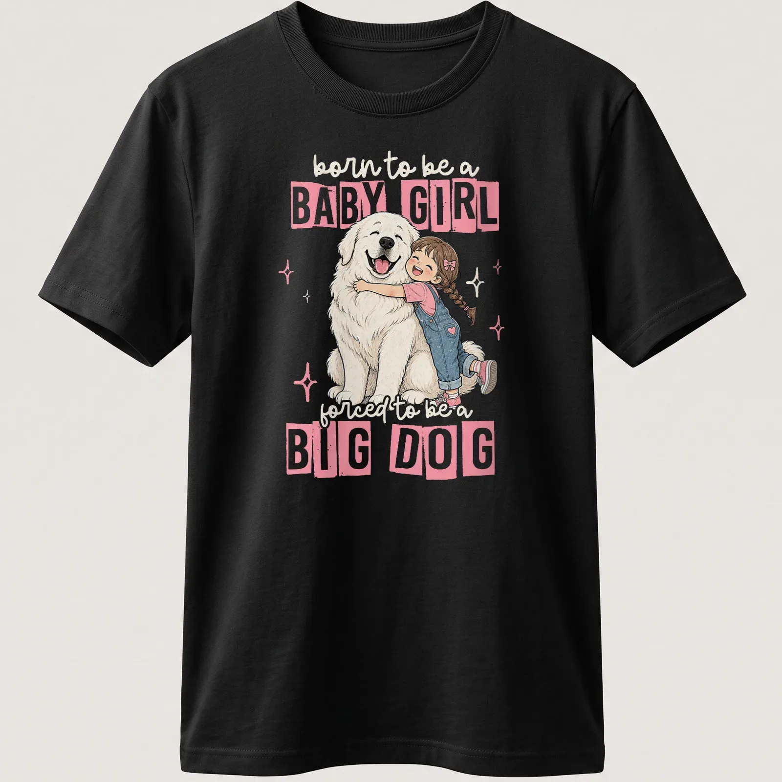 Cute cartoon of a girl hugging a big white dog with playful text — printed on a unisex t-shirt