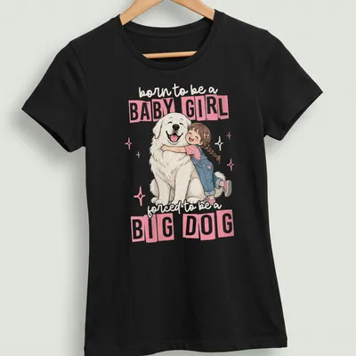 Cute cartoon of a girl hugging a big white dog with playful text — printed on a women's shirt