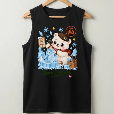 Kawaii polar bear sculptor with ice art text in a cute style — printed on a tank top