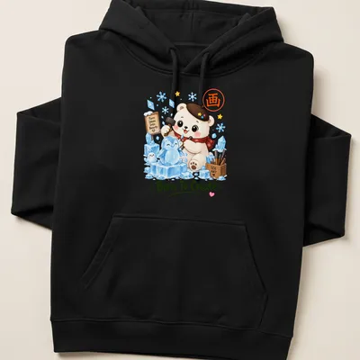 Kawaii polar bear sculptor with ice art text in a cute style — printed on a unisex hoodie
