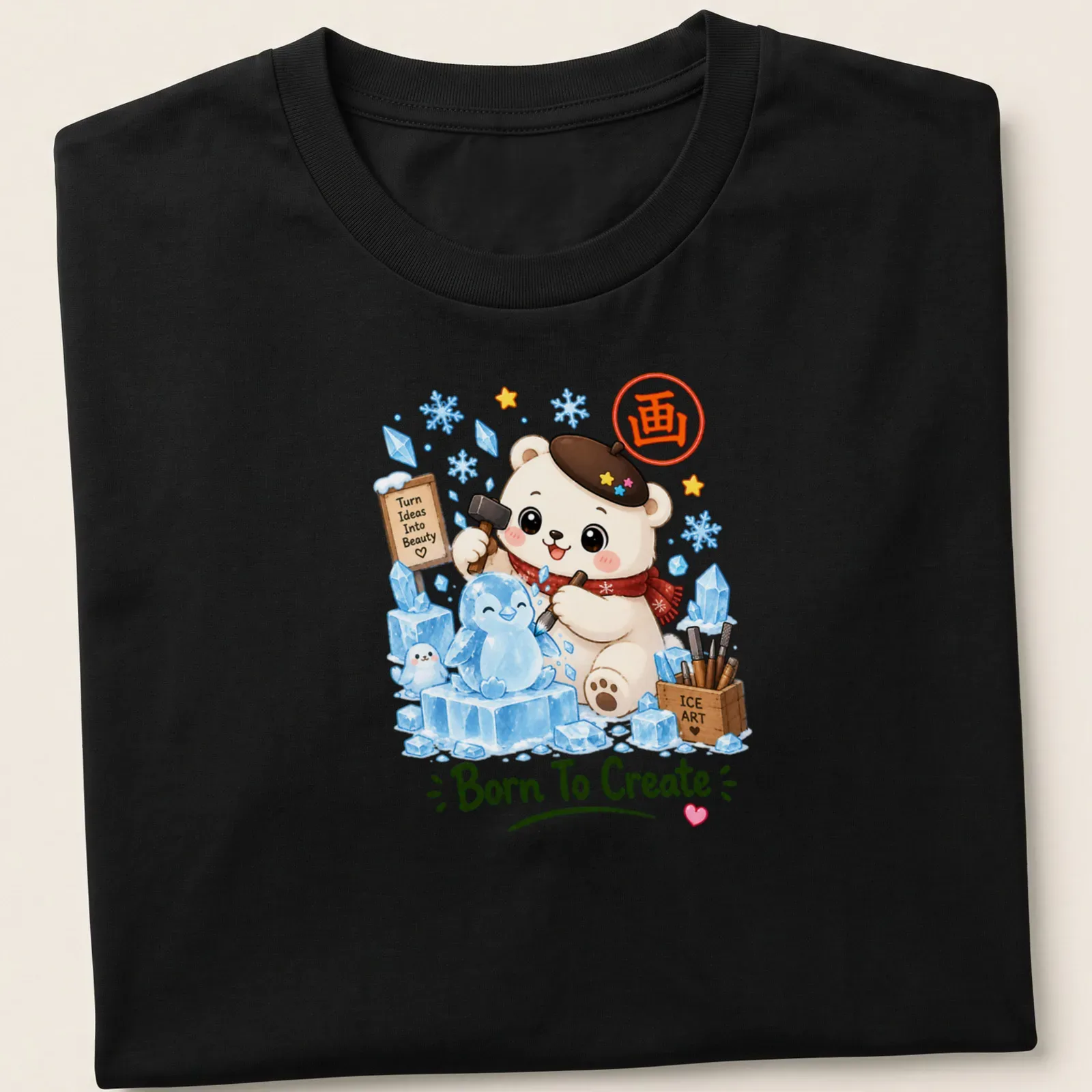 Kawaii polar bear sculptor with ice art text in a cute style — printed on a unisex t-shirt