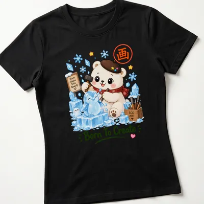 Kawaii polar bear sculptor with ice art text in a cute style — printed on a women's shirt