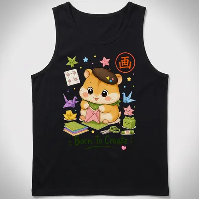 Kawaii hamster with origami creations and text, brightly colored — printed on a tank top