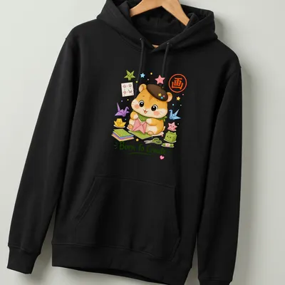 Kawaii hamster with origami creations and text, brightly colored — printed on a unisex hoodie