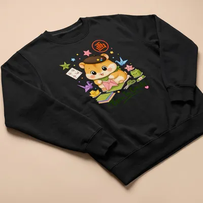 Kawaii hamster with origami creations and text, brightly colored — printed on a unisex sweatshirt