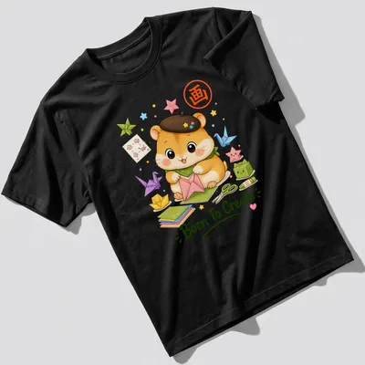 Kawaii hamster with origami creations and text, brightly colored — printed on a unisex t-shirt