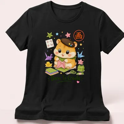 Kawaii hamster with origami creations and text, brightly colored — printed on a women's shirt