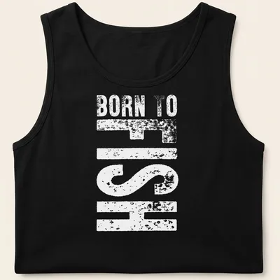 Bold typography shirt with 'Born To Fish' text in blue, white, and green — printed on a tank top