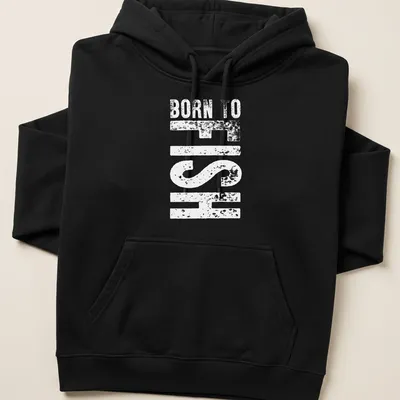 Bold typography shirt with 'Born To Fish' text in blue, white, and green — printed on a unisex hoodie