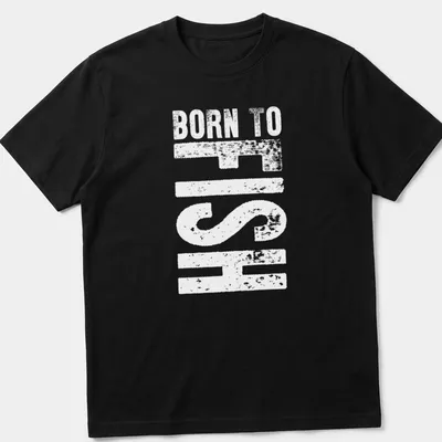 Bold typography shirt with 'Born To Fish' text in blue, white, and green