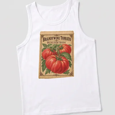 Vintage seed packet design featuring Brandywine tomatoes and classic typography — printed on a tank top