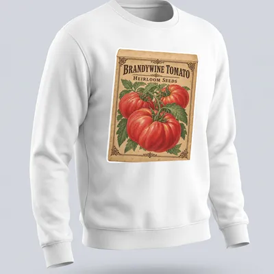Vintage seed packet design featuring Brandywine tomatoes and classic typography — printed on a unisex sweatshirt