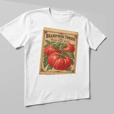 Vintage seed packet design featuring Brandywine tomatoes and classic typography — printed on a unisex t-shirt (angled view)
