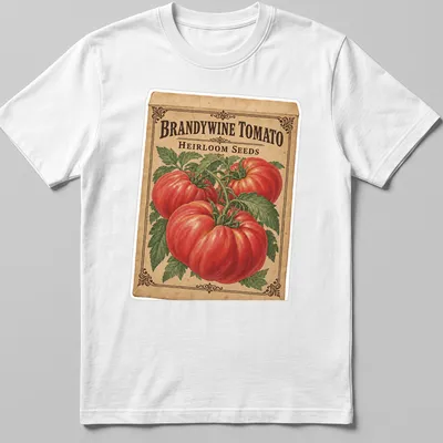 Vintage seed packet design featuring Brandywine tomatoes and classic typography