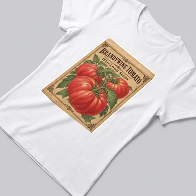 Vintage seed packet design featuring Brandywine tomatoes and classic typography — printed on a women's shirt