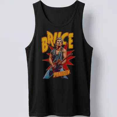 Vintage Bruce Springsteen t-shirt featuring retro typography in yellow, red, black, and gray. — printed on a tank top