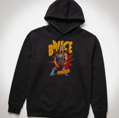 Vintage Bruce Springsteen t-shirt featuring retro typography in yellow, red, black, and gray. — printed on a unisex hoodie