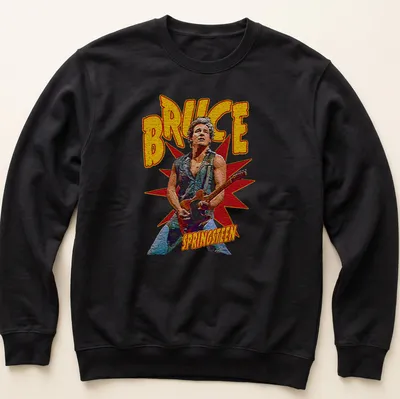 Vintage Bruce Springsteen t-shirt featuring retro typography in yellow, red, black, and gray. — printed on a unisex sweatshirt