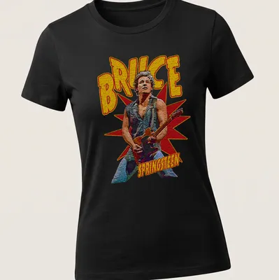 Vintage Bruce Springsteen t-shirt featuring retro typography in yellow, red, black, and gray. — printed on a women's shirt