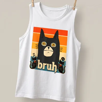 Retro meme t-shirt featuring a black cat and the word bruh in colorful style — printed on a tank top