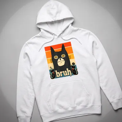 Retro meme t-shirt featuring a black cat and the word bruh in colorful style — printed on a unisex hoodie