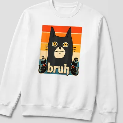 Retro meme t-shirt featuring a black cat and the word bruh in colorful style — printed on a unisex sweatshirt