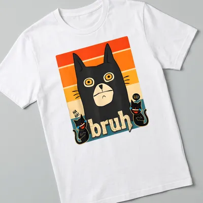 Retro meme t-shirt featuring a black cat and the word bruh in colorful style