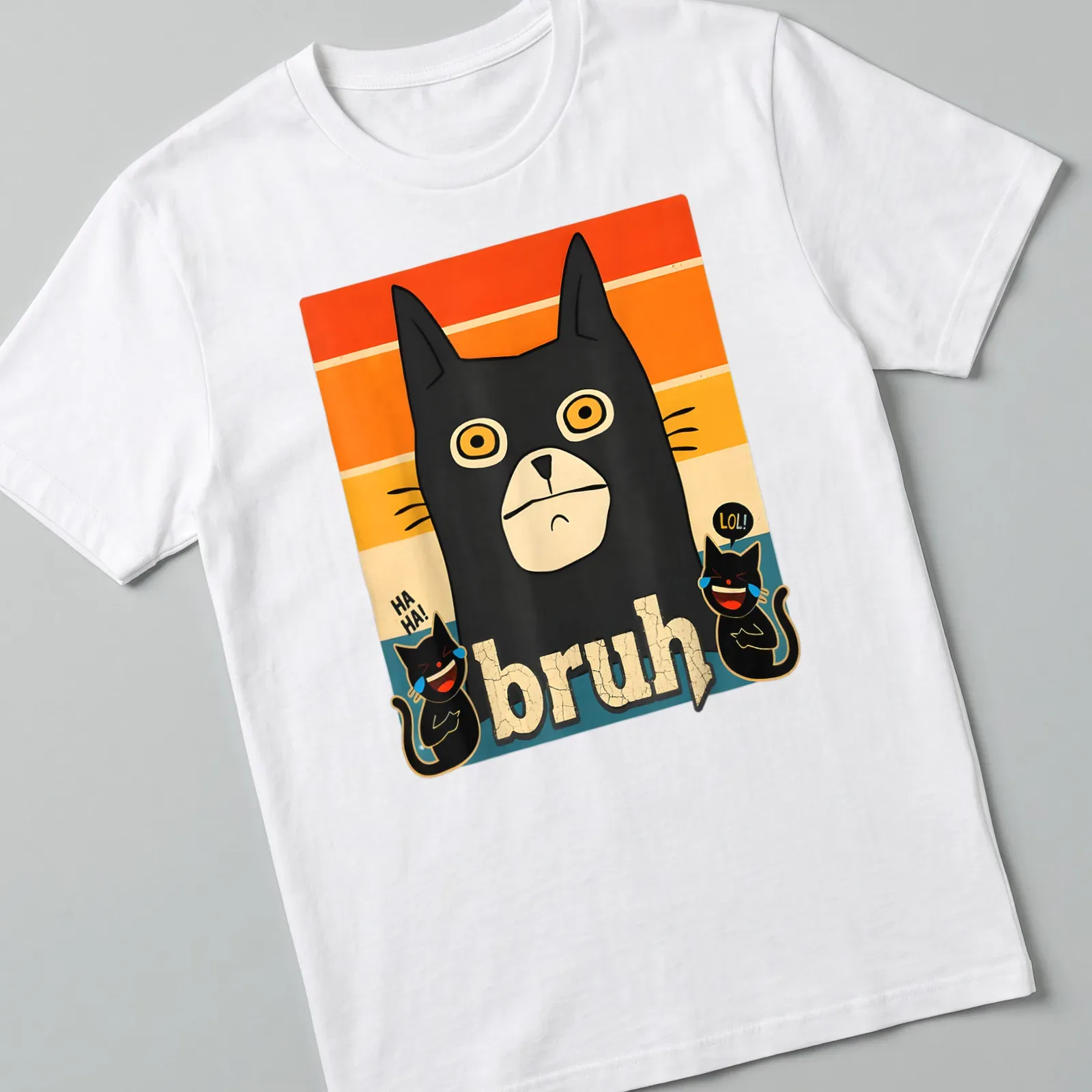 Retro meme t-shirt featuring a black cat and the word bruh in colorful style — printed on a unisex t-shirt