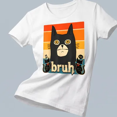 Retro meme t-shirt featuring a black cat and the word bruh in colorful style — printed on a women's shirt