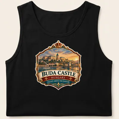 Vintage emblem of Buda Castle displayed with colorful text and imagery — printed on a tank top