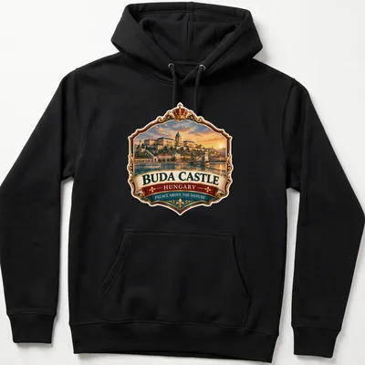 Vintage emblem of Buda Castle displayed with colorful text and imagery — printed on a unisex hoodie