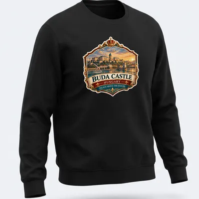 Vintage emblem of Buda Castle displayed with colorful text and imagery — printed on a unisex sweatshirt