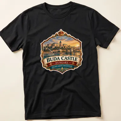 Vintage emblem of Buda Castle displayed with colorful text and imagery — printed on a unisex t-shirt
