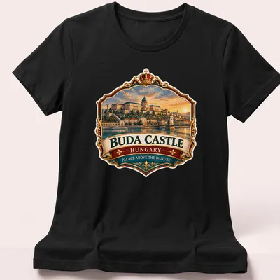 Vintage emblem of Buda Castle displayed with colorful text and imagery — printed on a women's shirt
