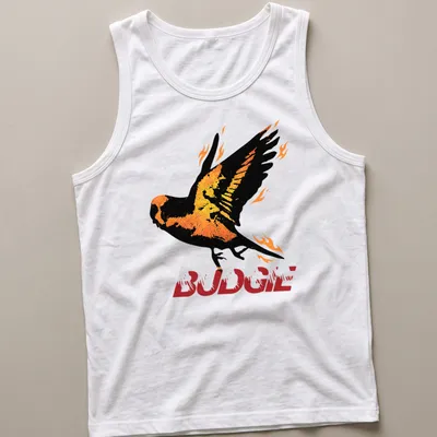 Vintage styled BUDGIE t-shirt featuring a bird surrounded by flames in orange and yellow — printed on a tank top