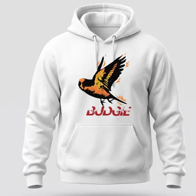 Vintage styled BUDGIE t-shirt featuring a bird surrounded by flames in orange and yellow — printed on a unisex hoodie