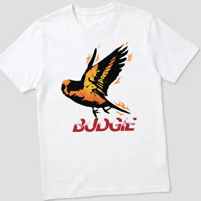 Vintage styled BUDGIE t-shirt featuring a bird surrounded by flames in orange and yellow — printed on a unisex t-shirt