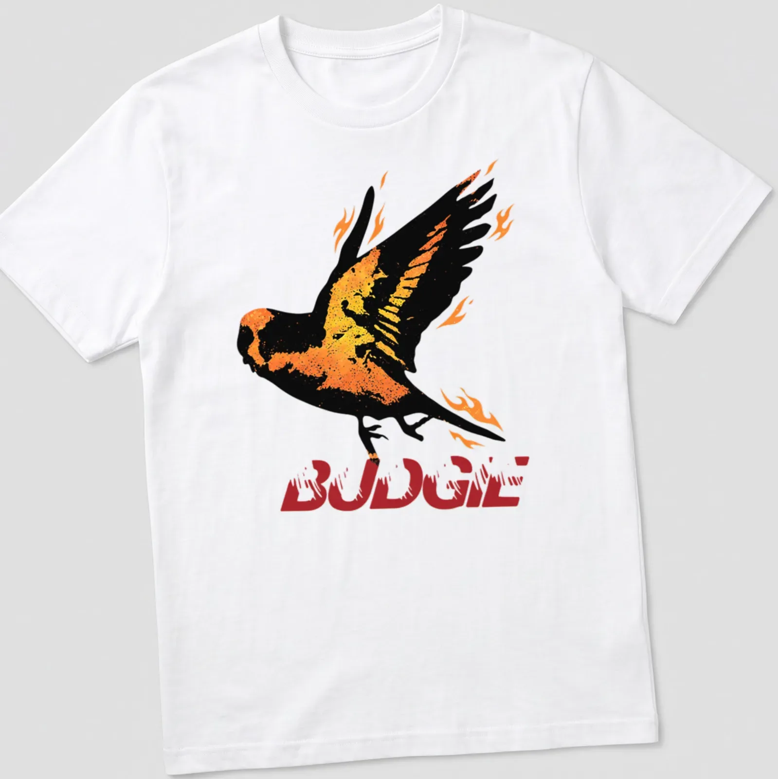 Vintage styled BUDGIE t-shirt featuring a bird surrounded by flames in orange and yellow — printed on a unisex t-shirt
