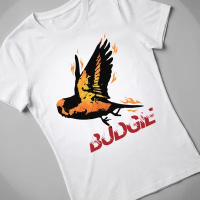 Vintage styled BUDGIE t-shirt featuring a bird surrounded by flames in orange and yellow — printed on a women's shirt