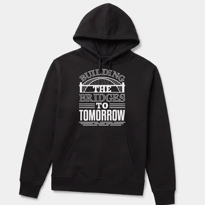 Bold typography T-shirt with the text 'Building Bridges To Tomorrow' for civil engineers — printed on a unisex hoodie