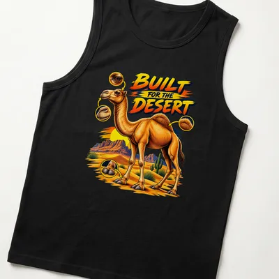 Vibrant cartoon of a camel with bold text 'BUILT FOR THE DESERT' in colorful desert scenery. — printed on a tank top